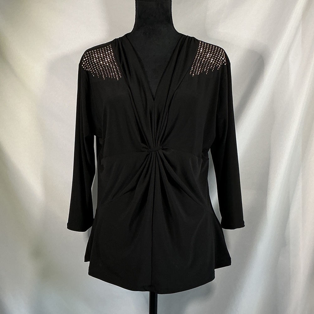 Chaus V Neck Blouse Knot Front Studded Shoulder 3/4 Sleeve Top L Black